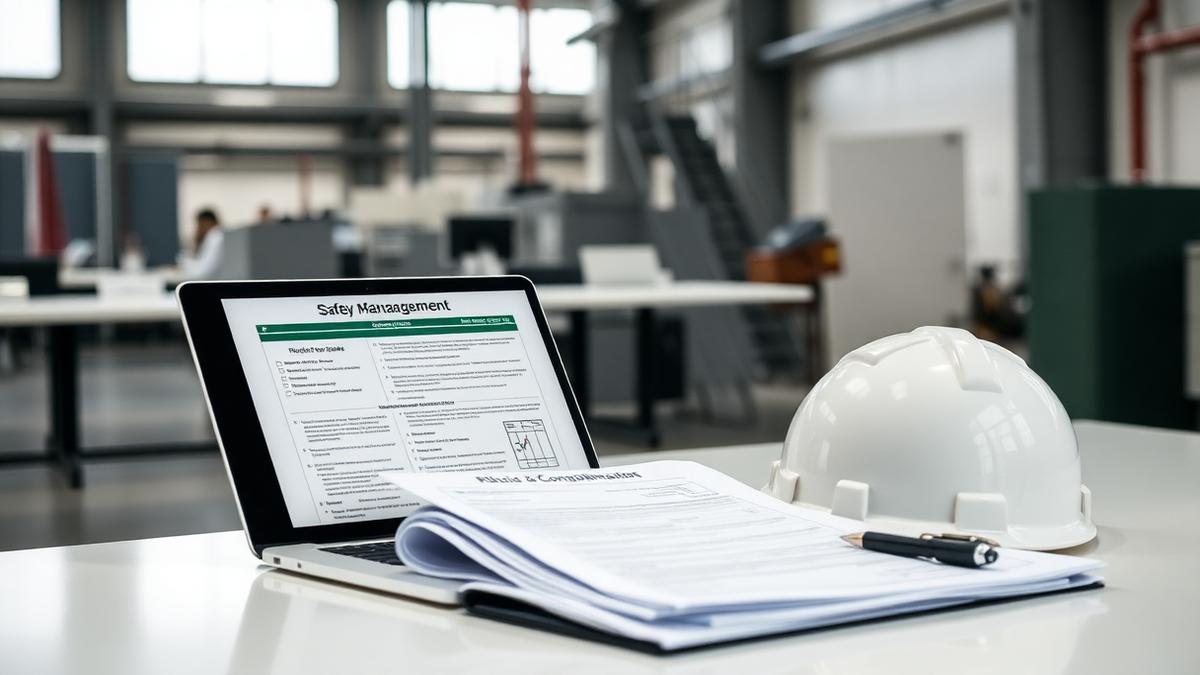 Documentos de gestão de riscos, capacete de segurança e notebook sobre uma mesa