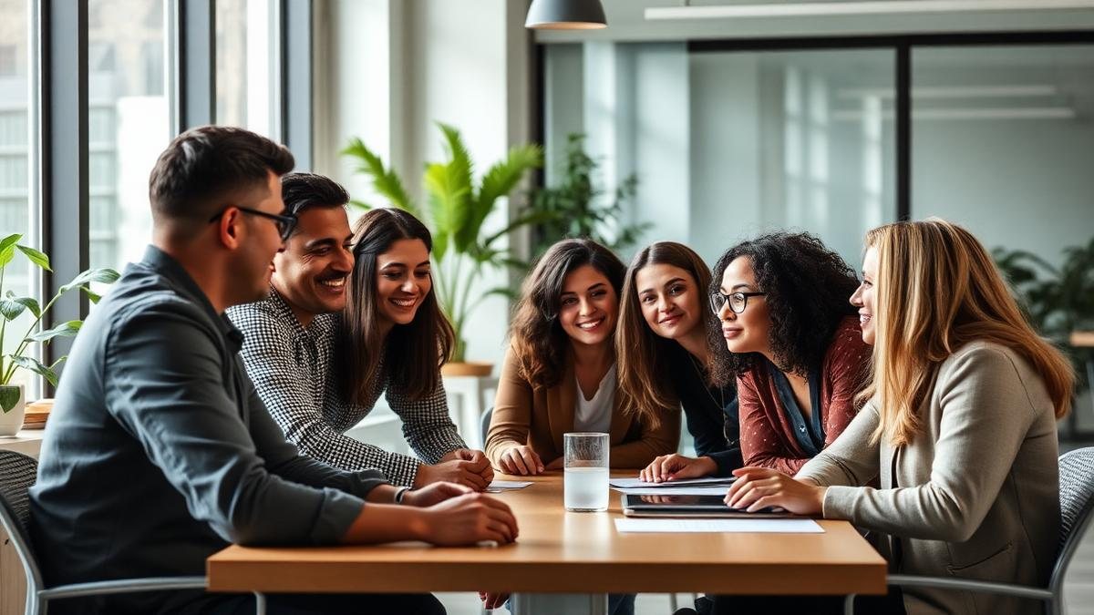 Colegas de trabalho conversando de forma acolhedora em uma sala iluminada